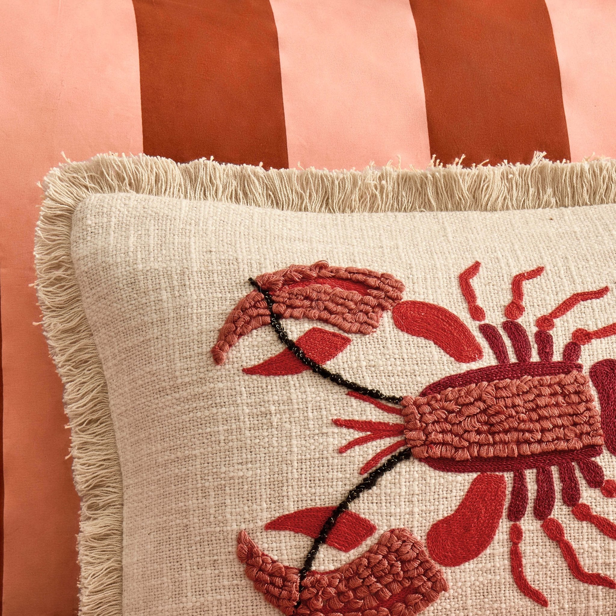 Dusklia - 100% Cotton Embroidered Loop Lobster Cushion Cover - Stone/ Red