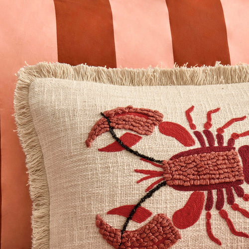 Dusklia - 100% Cotton Embroidered Loop Lobster Cushion Cover - Stone/ Red
