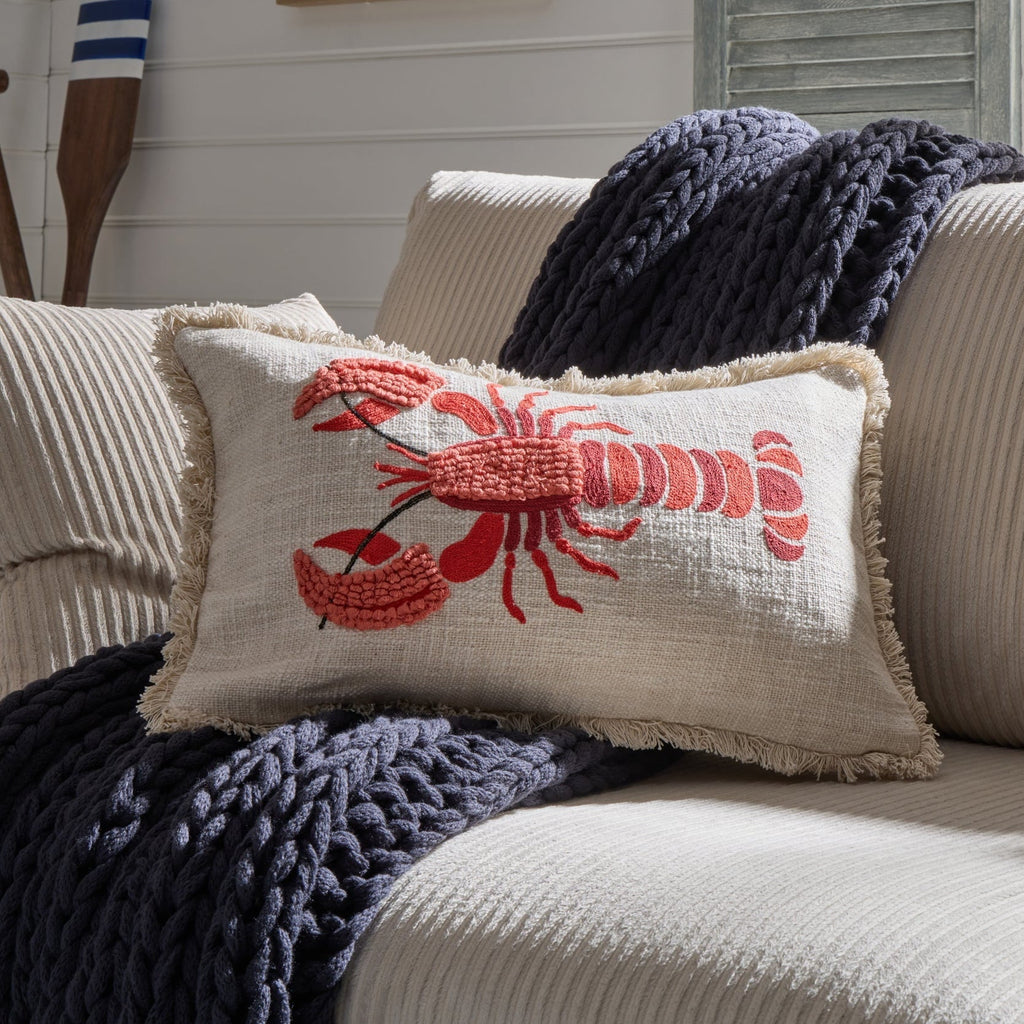 Dusklia - 100% Cotton Embroidered Loop Lobster Cushion Cover - Stone/ Red