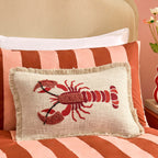 Dusklia - 100% Cotton Embroidered Loop Lobster Cushion Cover - Stone/ Red
