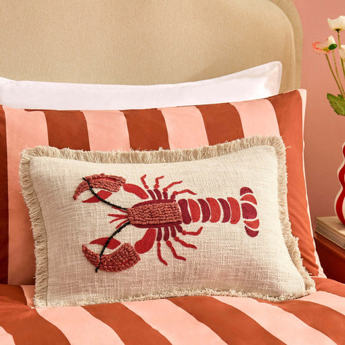 Dusklia - 100% Cotton Embroidered Loop Lobster Cushion Cover - Stone/ Red