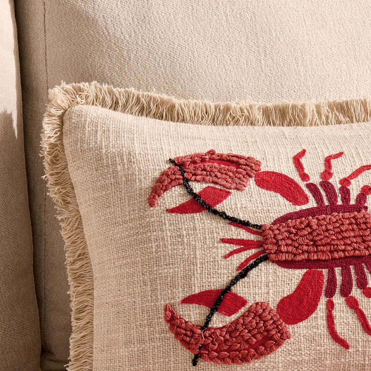 Dusklia - 100% Cotton Embroidered Loop Lobster Sofa Cushion Cover - Stone/ Red
