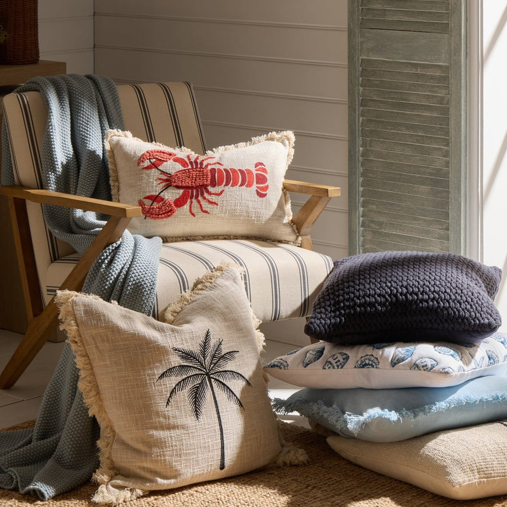Dusklia - 100% Cotton Embroidered Loop Lobster Sofa Cushion Cover - Stone/ Red