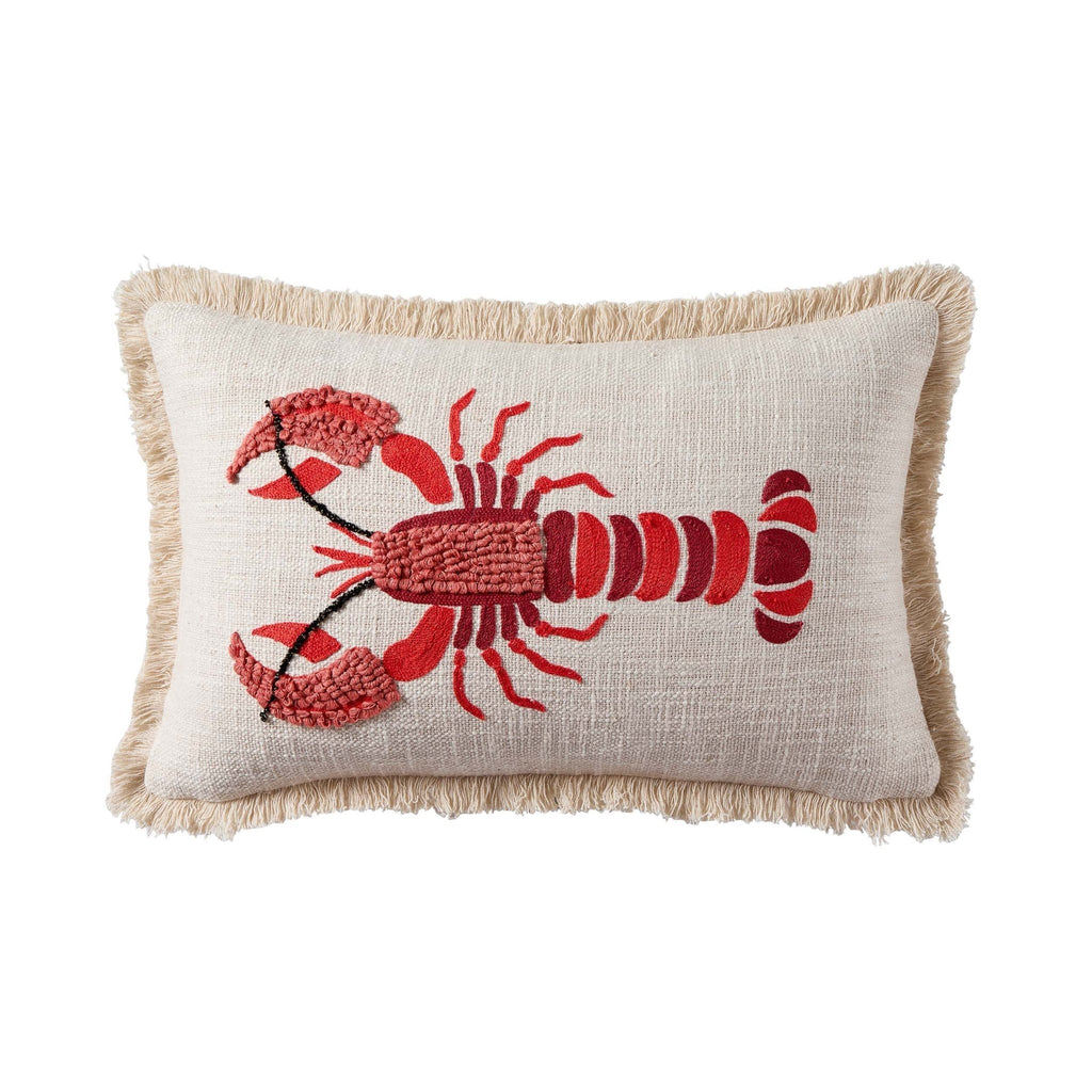 Dusklia - 100% Cotton Embroidered Loop Lobster Cushion Cover - Stone/ Red