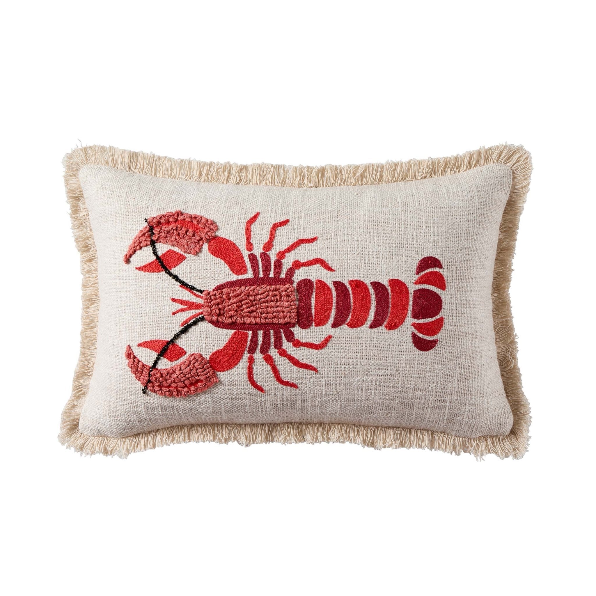 Dusklia - 100% Cotton Embroidered Loop Lobster Cushion Cover - Stone/ Red