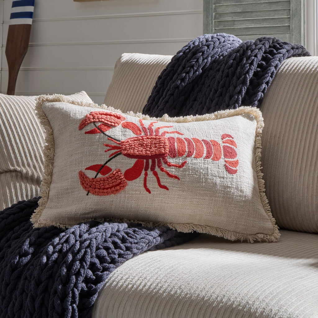 Dusklia - 100% Cotton Embroidered Loop Lobster Sofa Cushion Cover - Stone/ Red