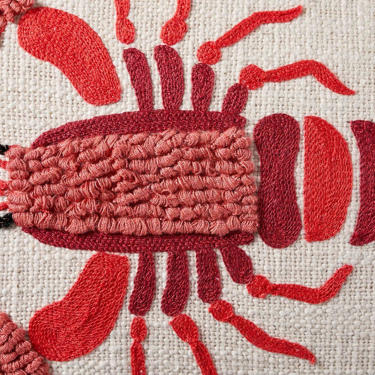 Dusklia - 100% Cotton Embroidered Loop Lobster Cushion Cover - Stone/ Red