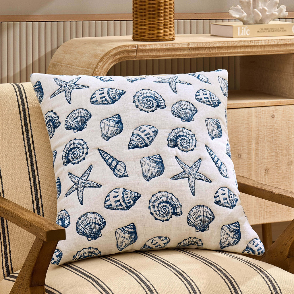 Dusklia - 100% Cotton Stitched Shell Sofa Cushion Cover - Natural/ Blue