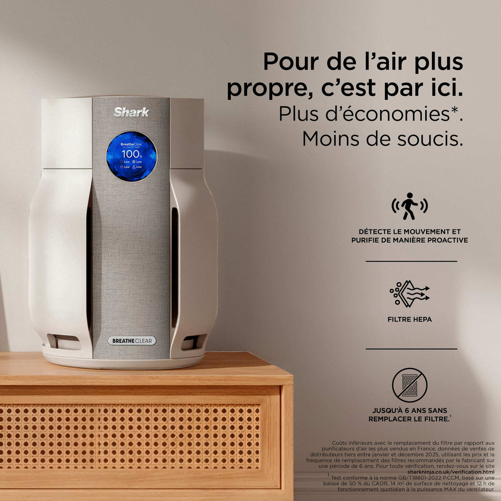 Purificateur d'air Shark BreatheClear avec NeverChange6, jusqu'à 70 m²​