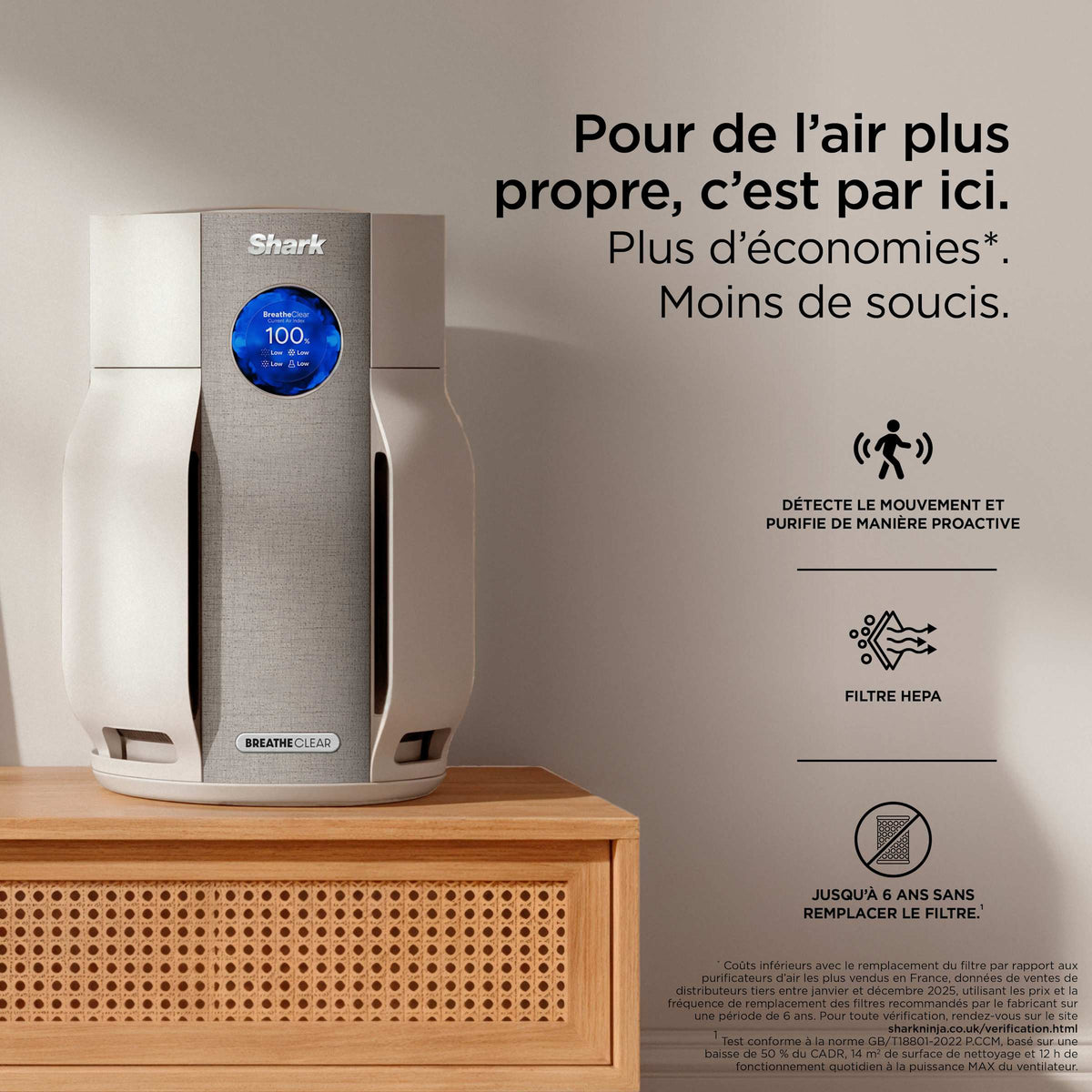 Purificateur d'air Shark BreatheClear avec NeverChange6, jusqu'à 70 m²​