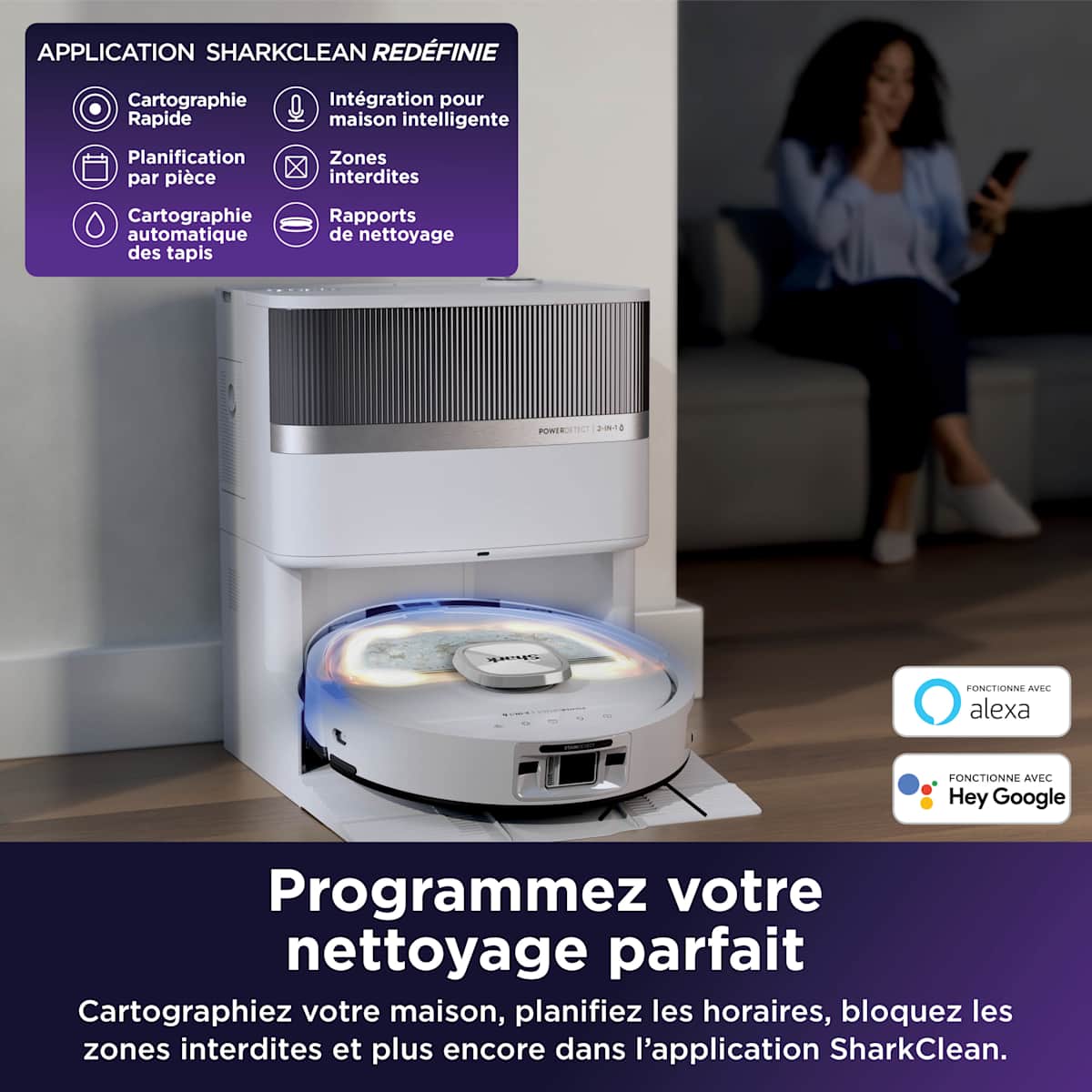 Robot aspirateur laveur 2-en-1 Shark PowerDetect UV Reveal – Blanc
