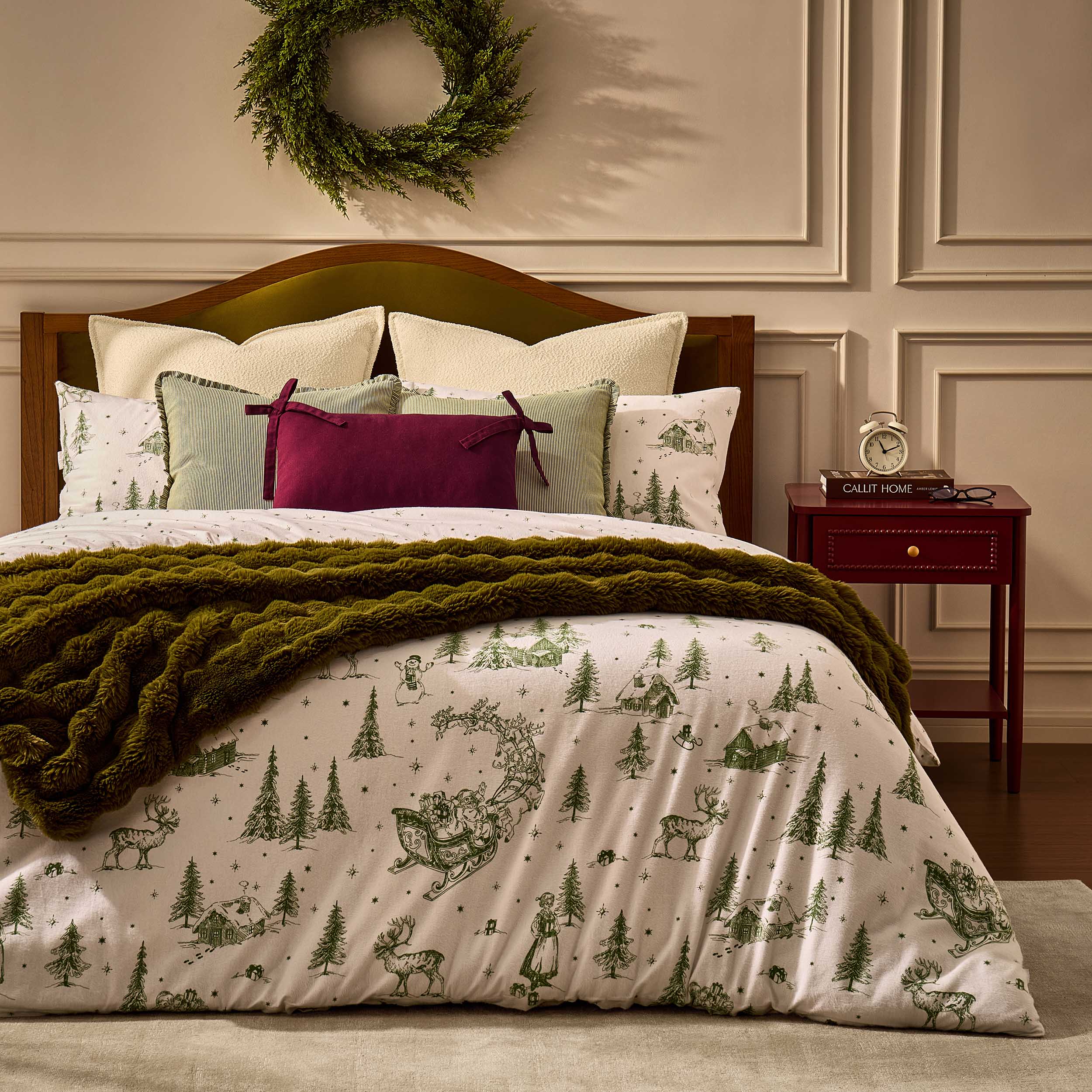 Parure de lit housse de couette et taies d'oreiller en coton brossé Santa Toile – Vert