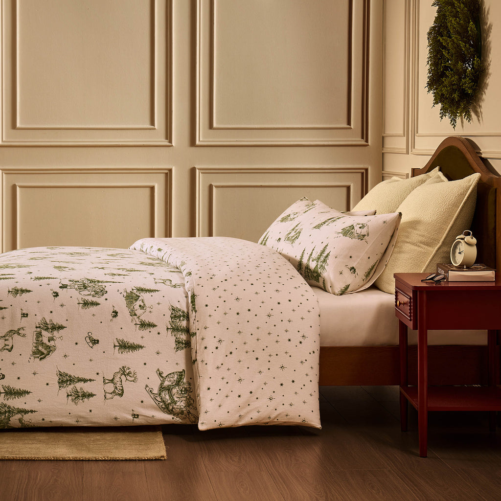 Parure de lit housse de couette et taies d'oreiller en coton brossé Santa Toile – Vert