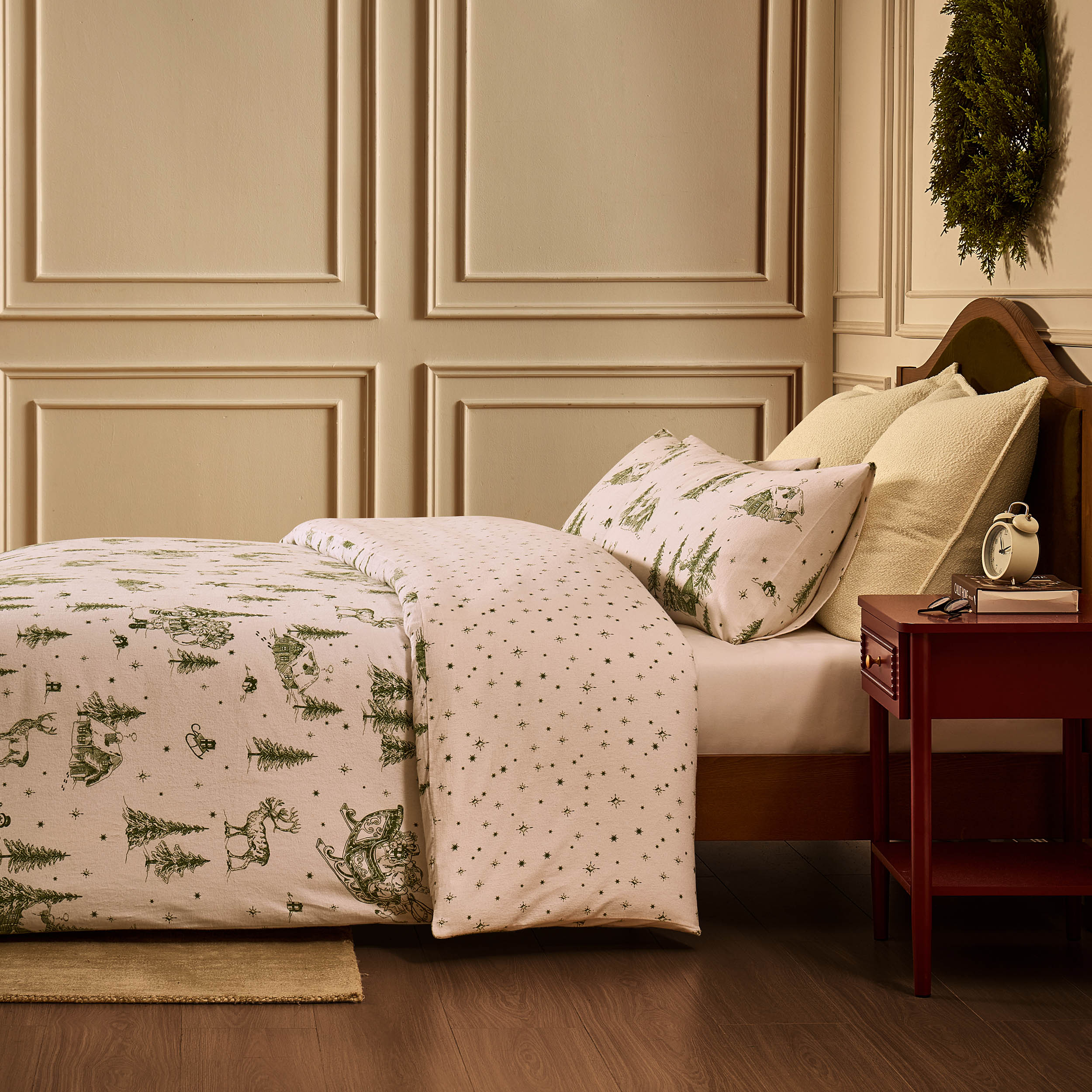 Parure de lit housse de couette et taies d'oreiller en coton brossé Santa Toile – Vert