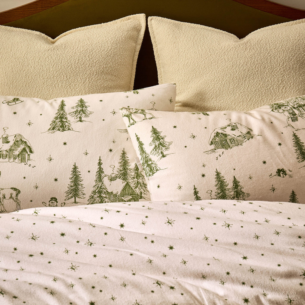 Parure de lit housse de couette et taies d'oreiller en coton brossé Santa Toile – Vert