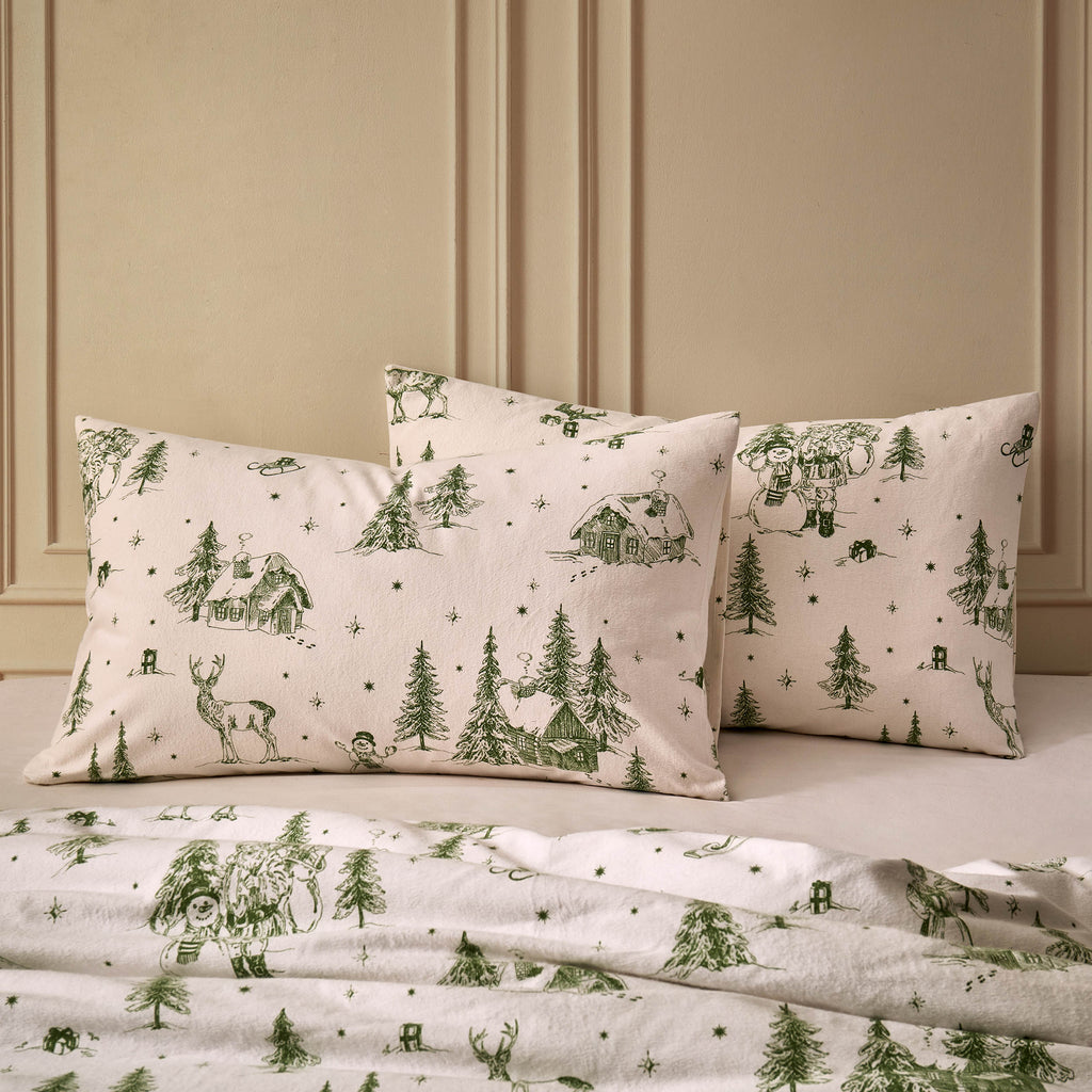 Parure de lit housse de couette et taies d'oreiller en coton brossé Santa Toile – Vert