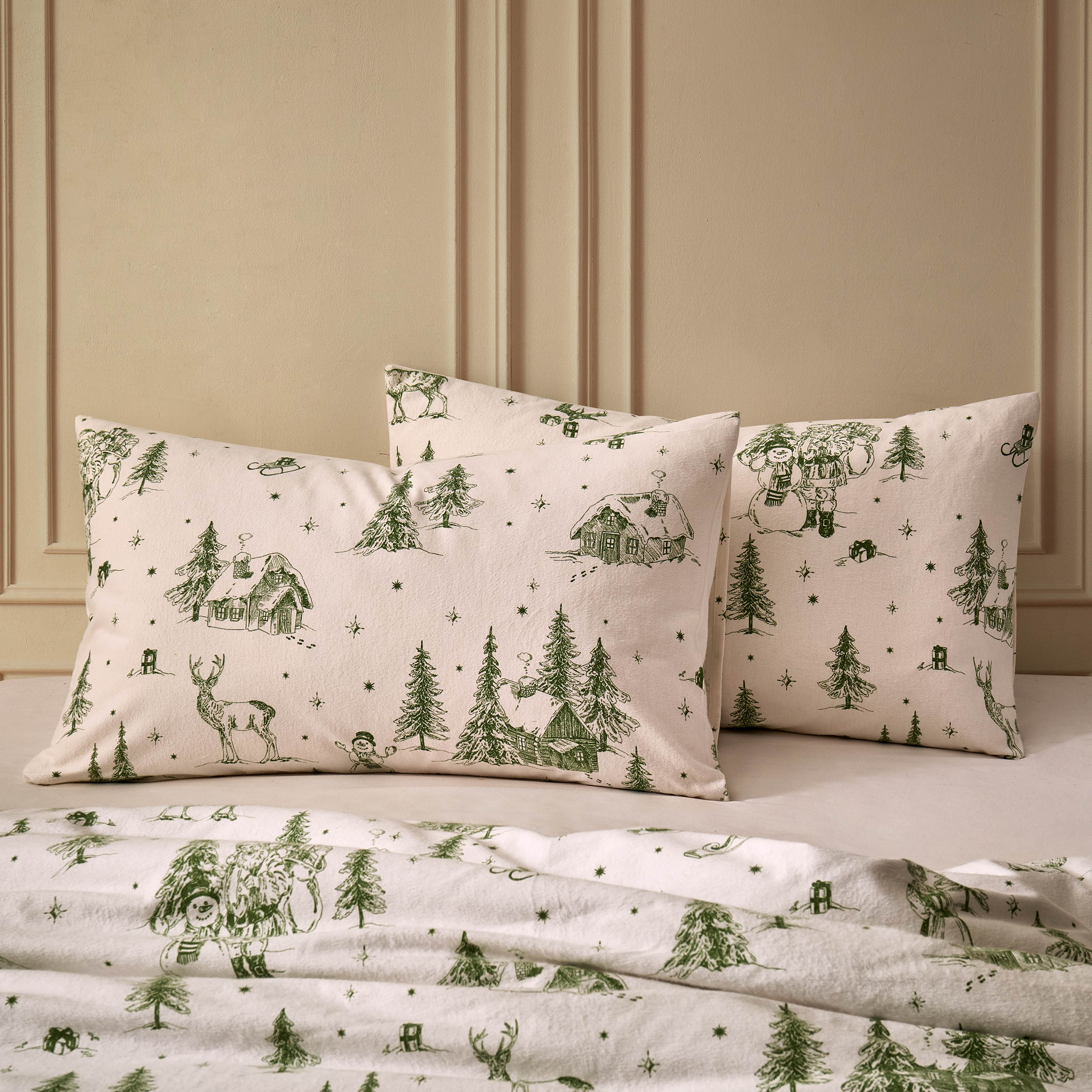 Parure de lit housse de couette et taies d'oreiller en coton brossé Santa Toile – Vert