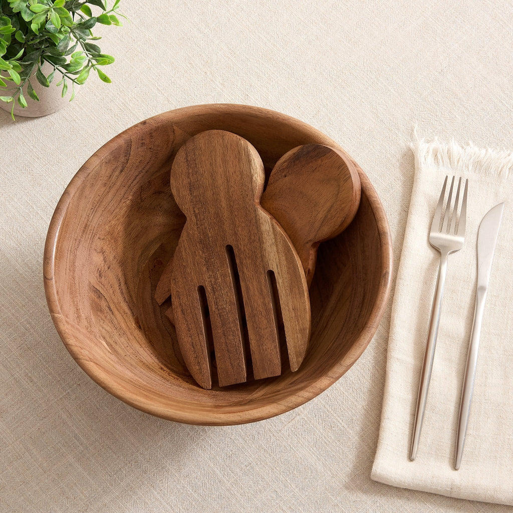 Dusklia - Acacia Salad Bowl with Servers - Natural