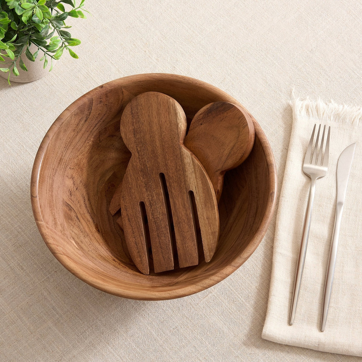 Dusklia - Acacia Salad Bowl with Servers - Natural