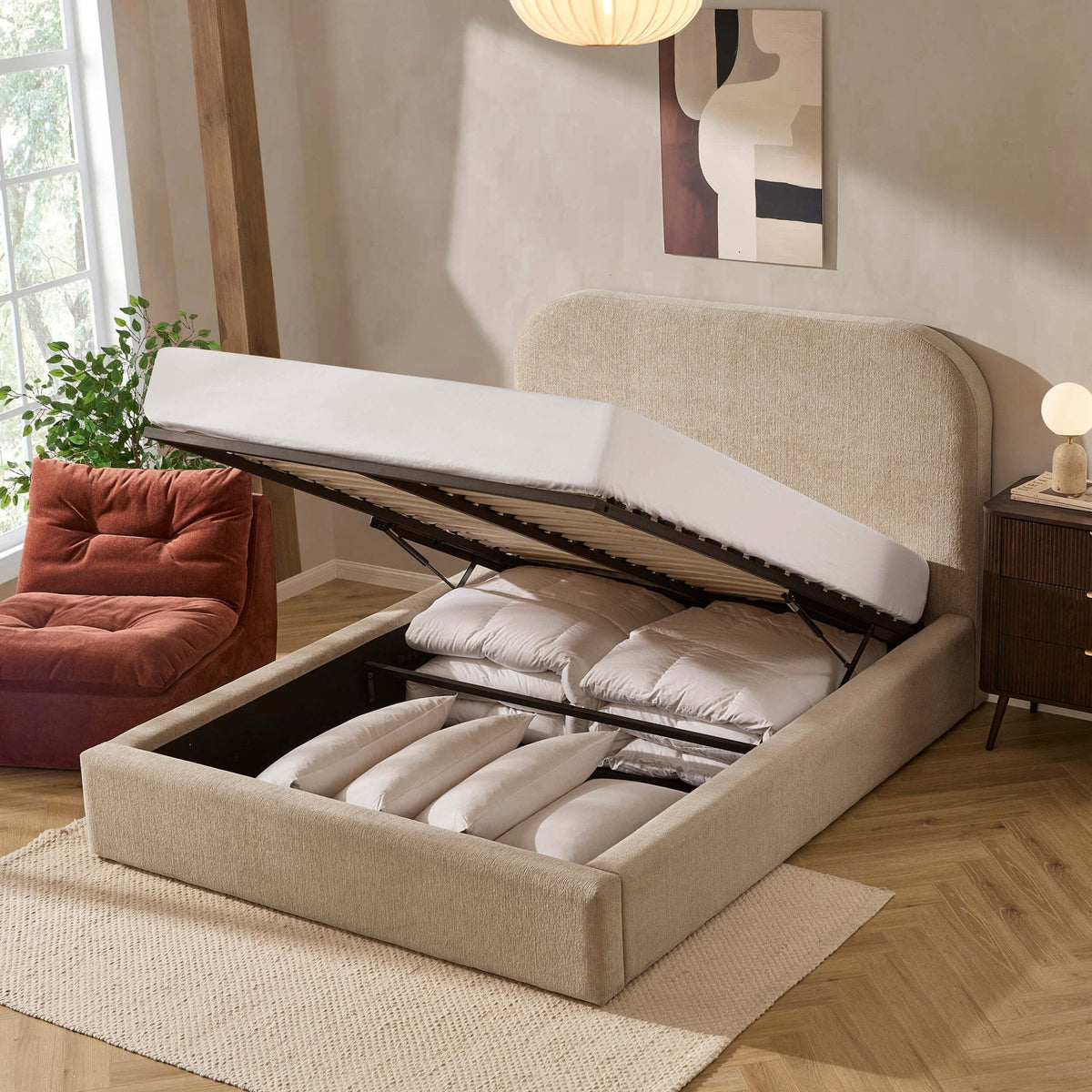 Dusklia - Aintree Ottoman Storage Bed - Textured Oatmeal
