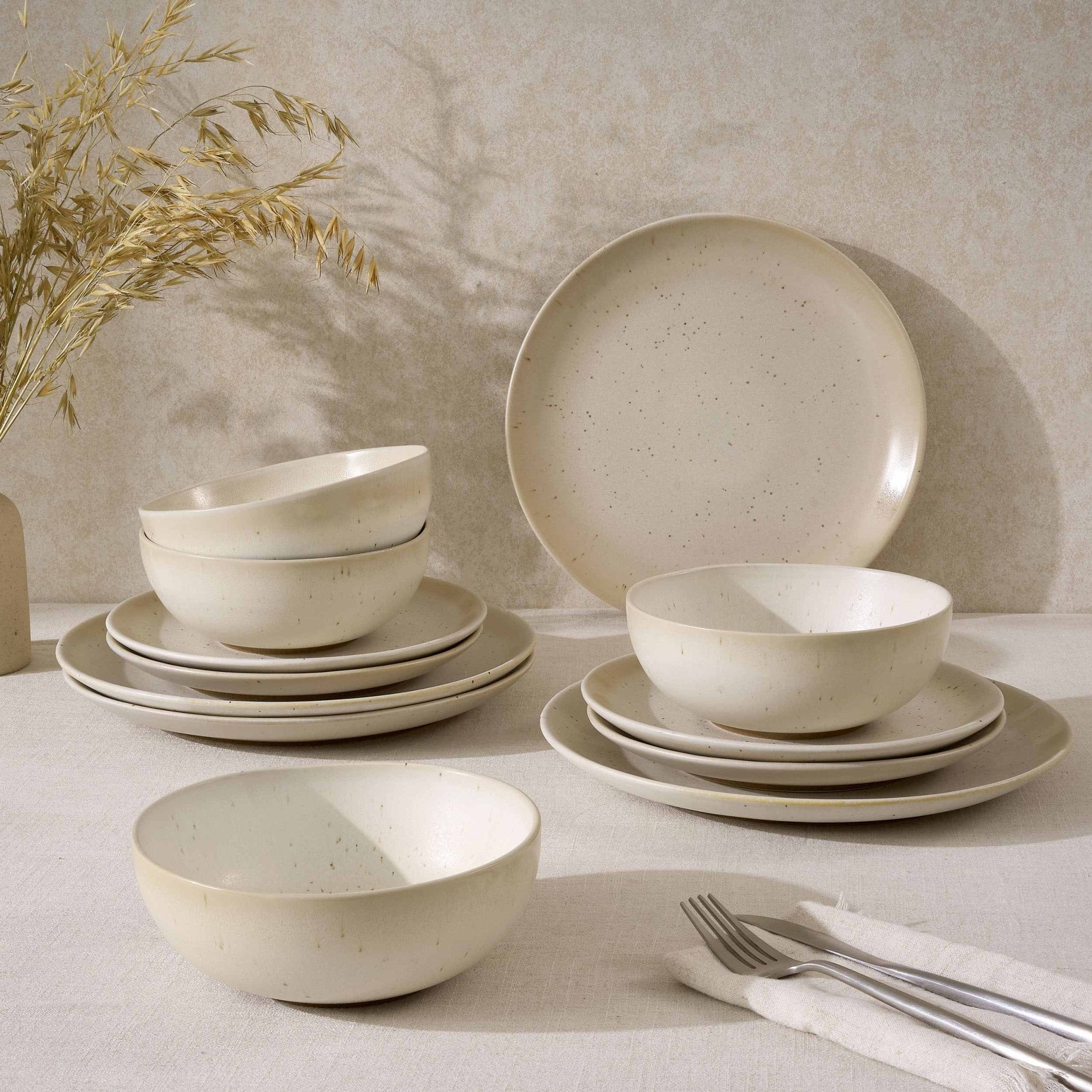Dusklia - Alfredo Speckled Stoneware 12 Piece Dinner Set- Natural