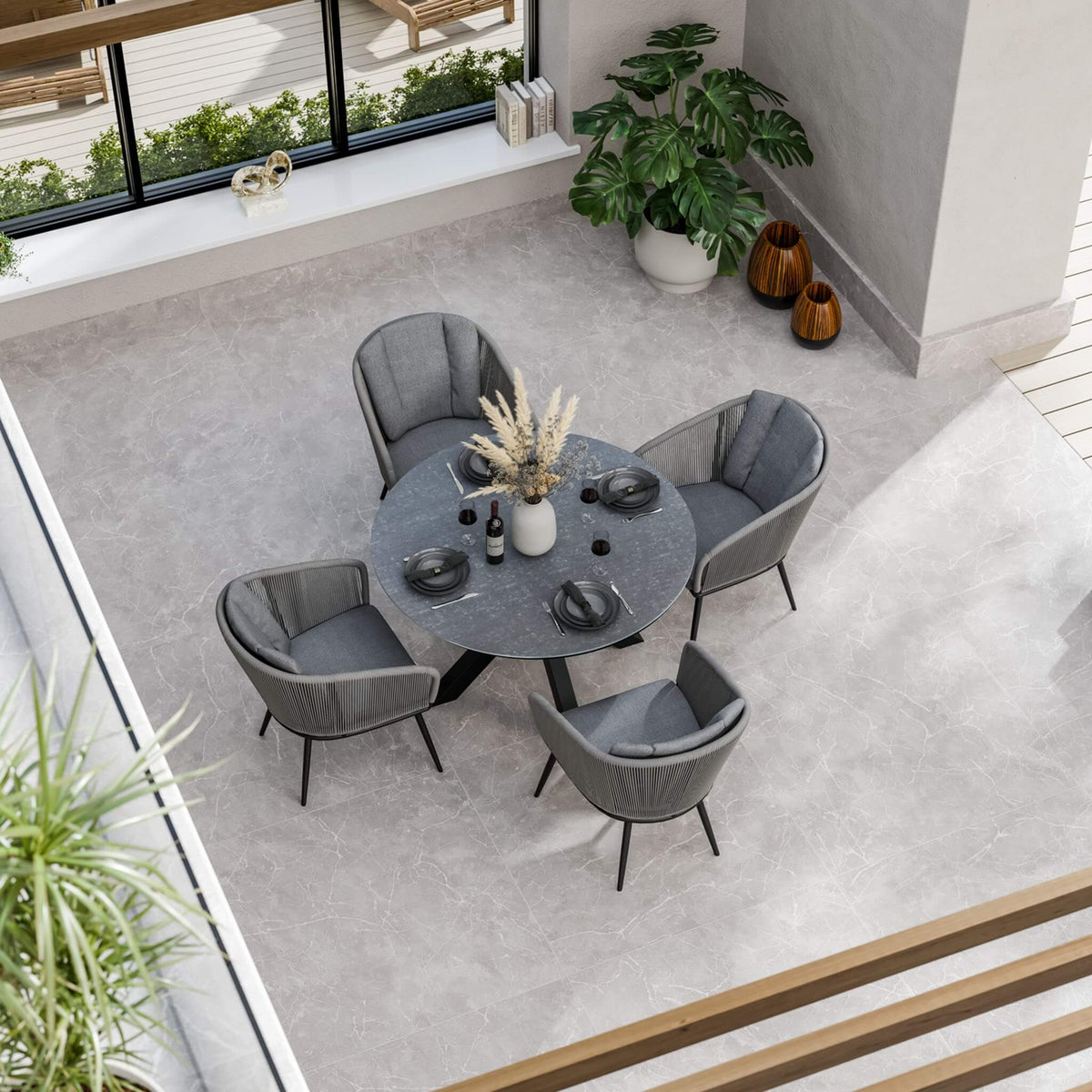 Dusklia - Aspen Outdoor 4 Seater Round Dining Table and Chairs - Grey