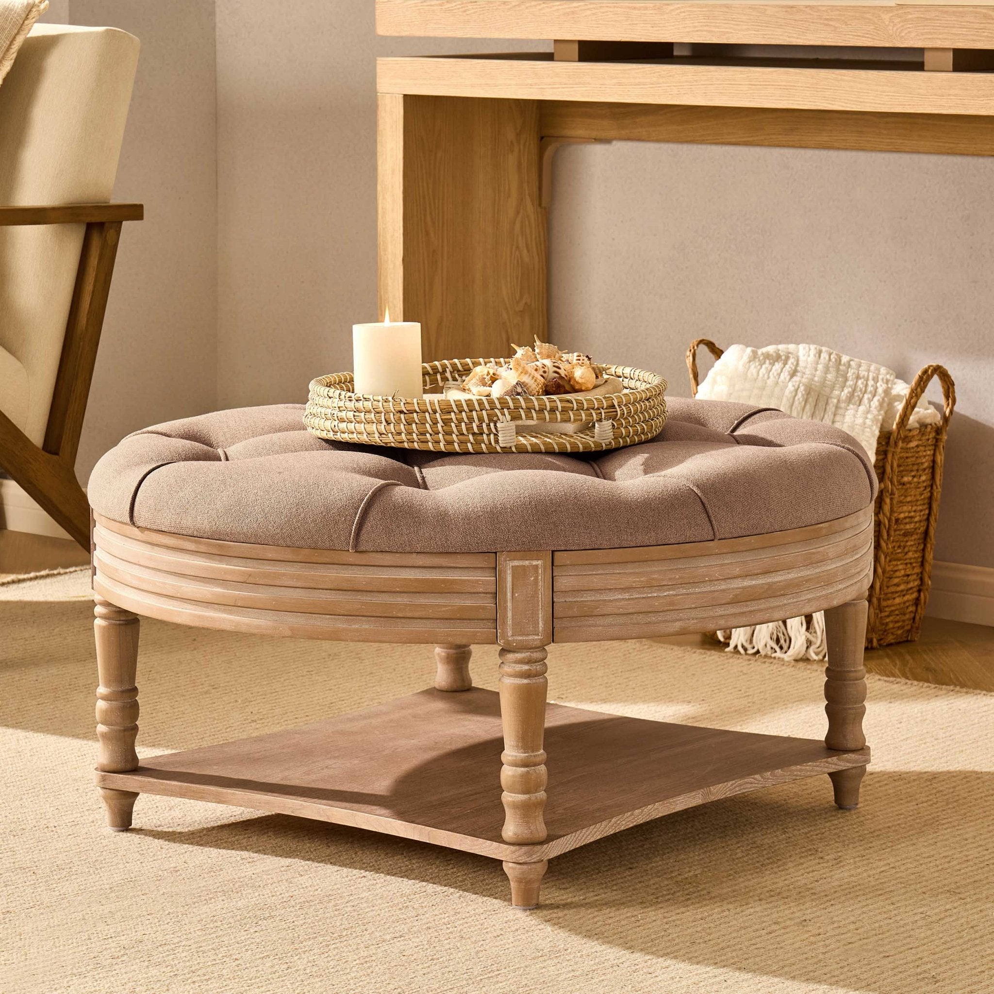 Dusklia - Aubrey Round Coffee Table Pouffe - Oatmeal