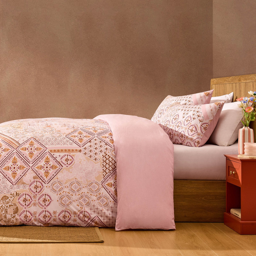 Dusklia - Aurora 100% Cotton Tile Print Duvet Cover & Pillowcase Set - Pink