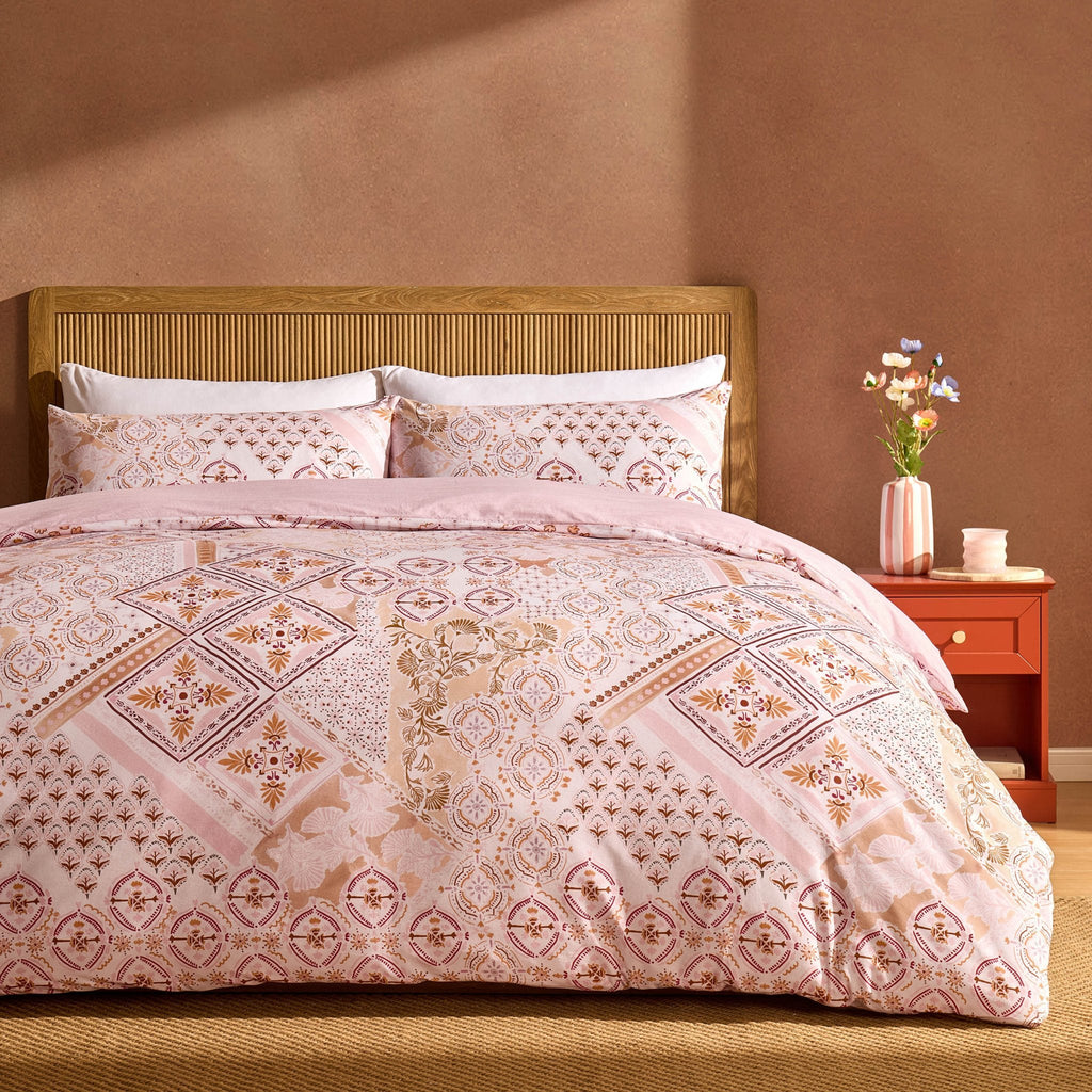 Dusklia - Aurora 100% Cotton Tile Print Duvet Cover & Pillowcase Set - Pink