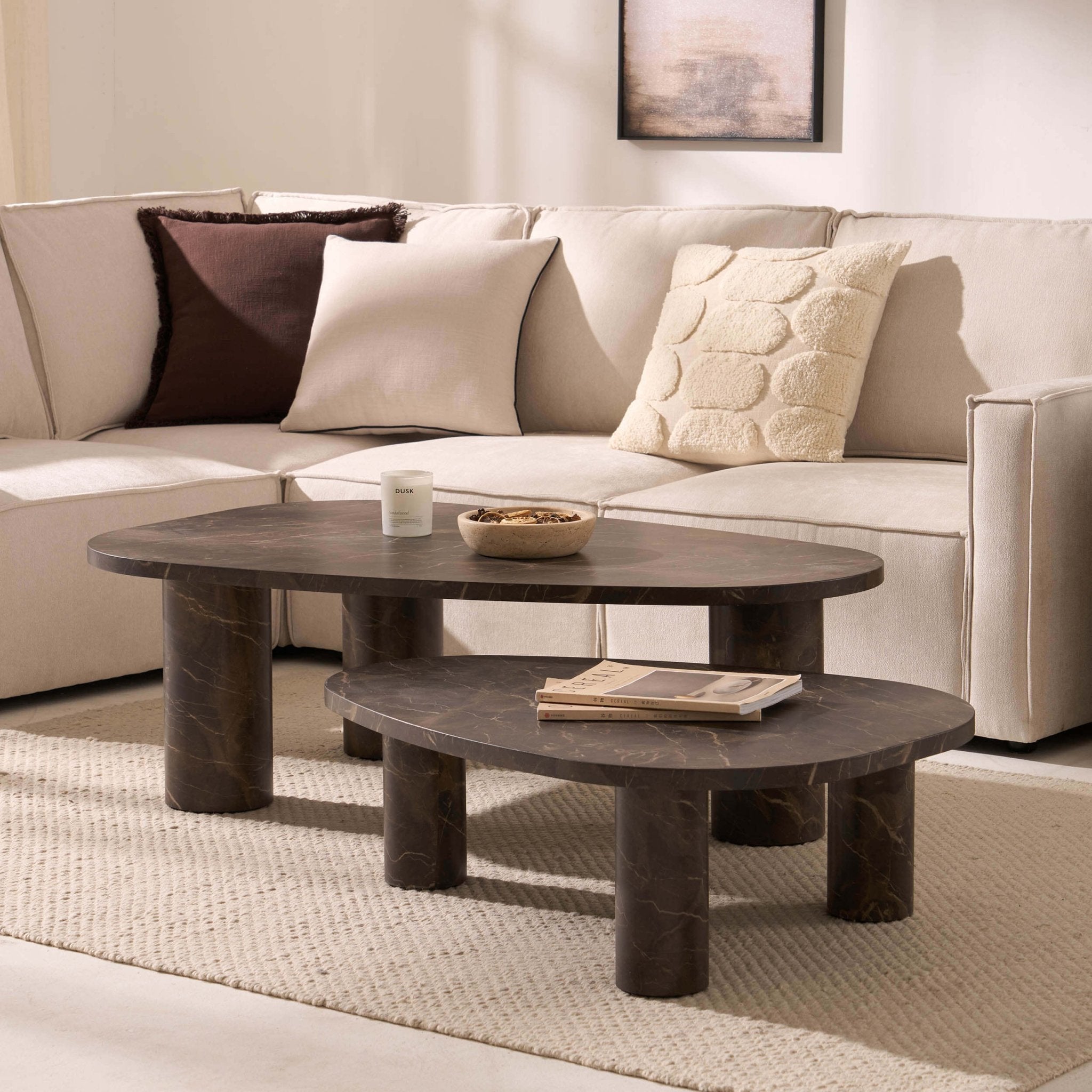 Dusklia - Azra Nesting Coffee Tables - Brown Marble Effect