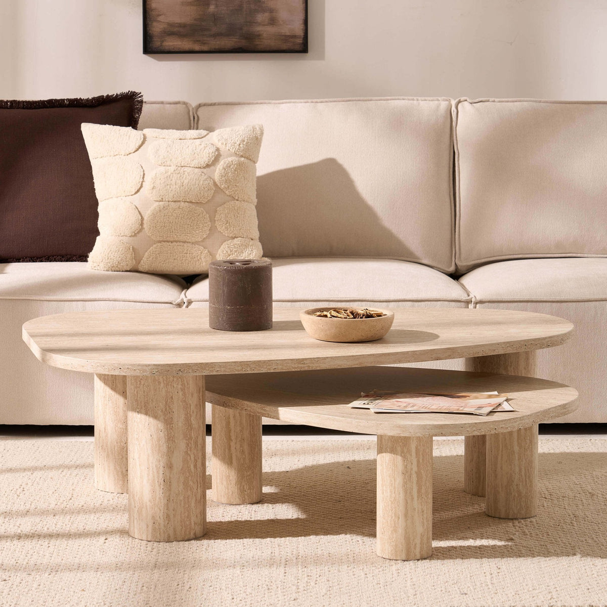 Dusklia - Azra Nesting Coffee Tables - Travertine Marble Effect