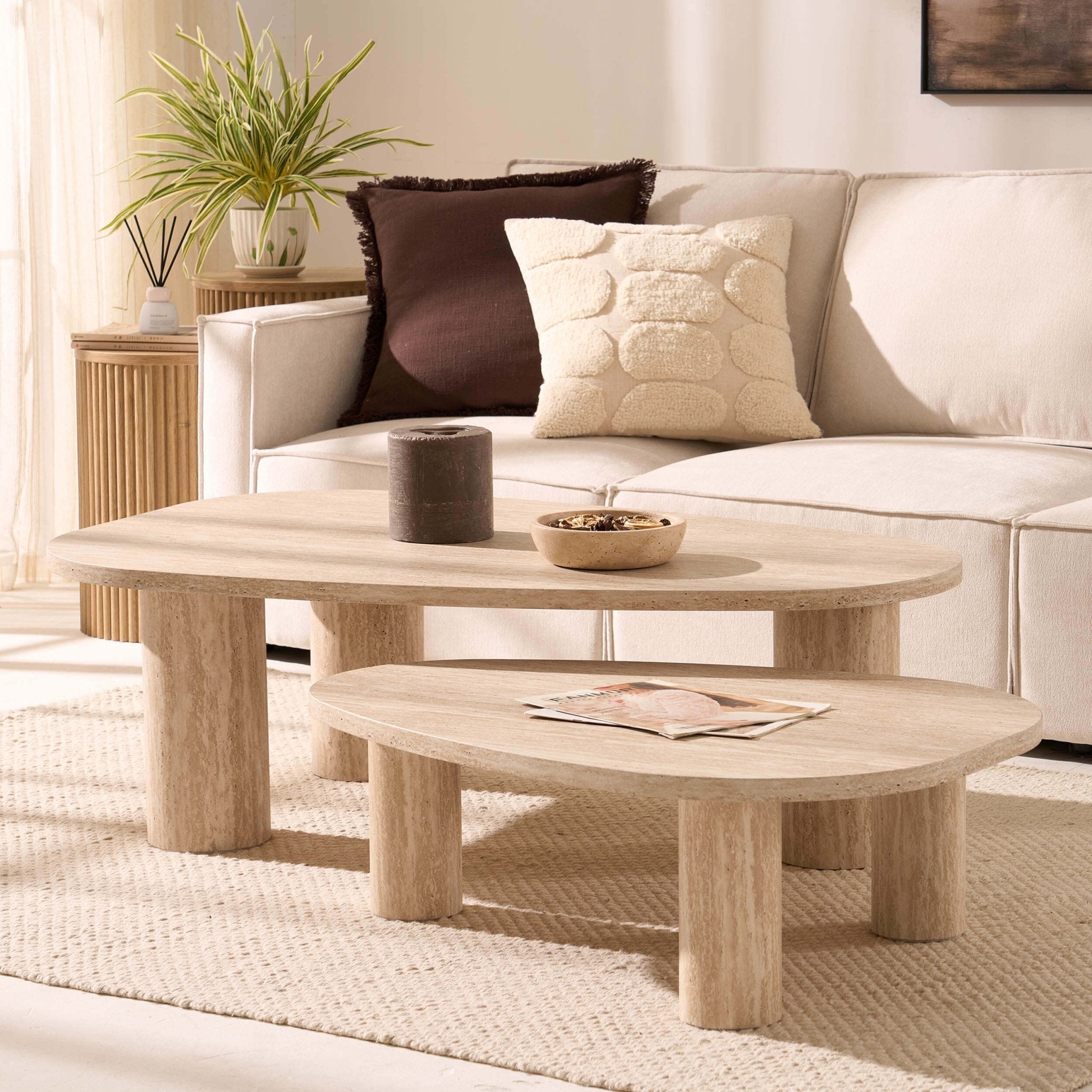 Dusklia - Azra Nesting Coffee Tables - Travertine Marble Effect
