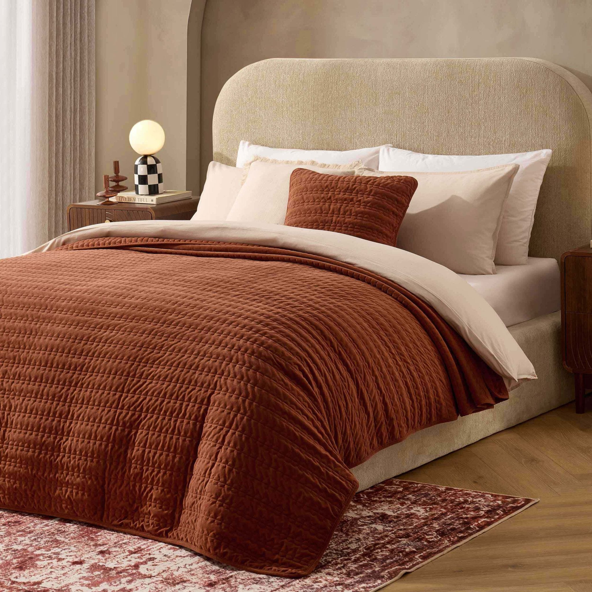 Dusklia - Bavaro Velvet Quilted Stitch Detail Bedspread - Burnt Orange