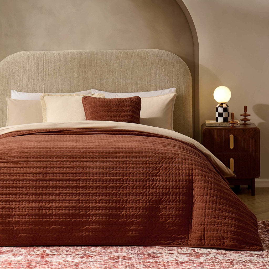Dusklia - Bavaro Velvet Quilted Stitch Detail Bedspread - Burnt Orange