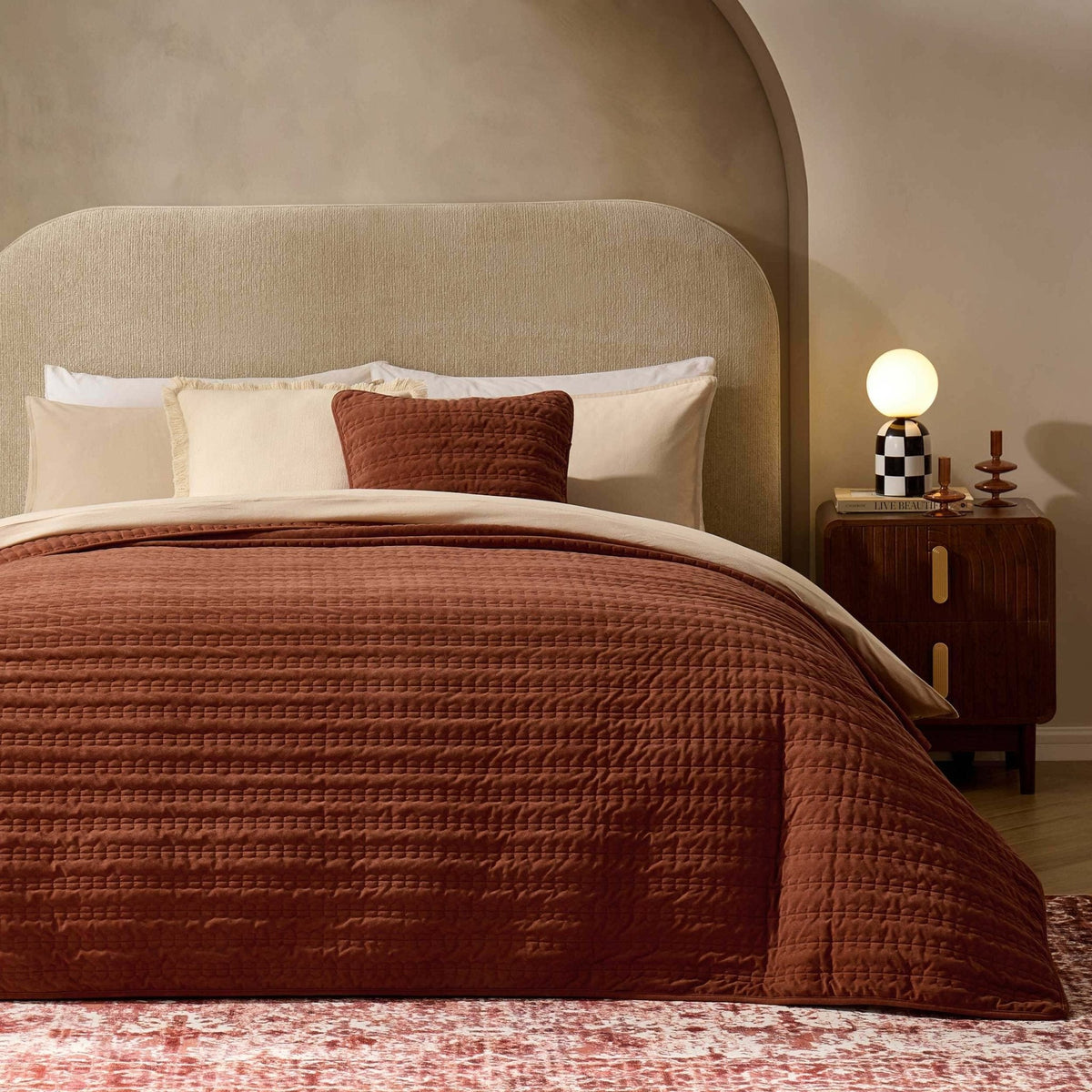 Dusklia - Bavaro Velvet Quilted Stitch Detail Bedspread - Burnt Orange