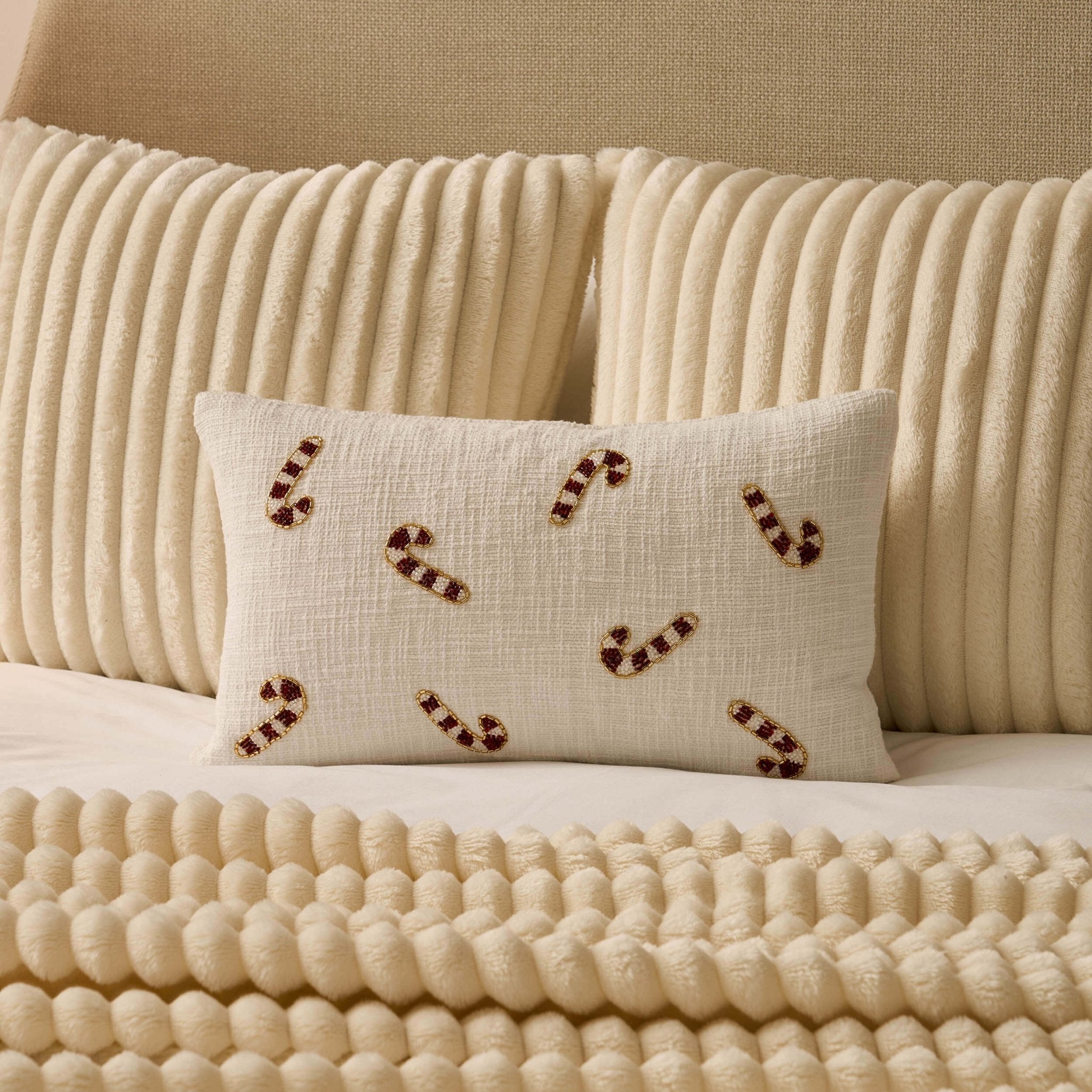 Housse de coussin de Noël en canne de sucre perlée - Blanc