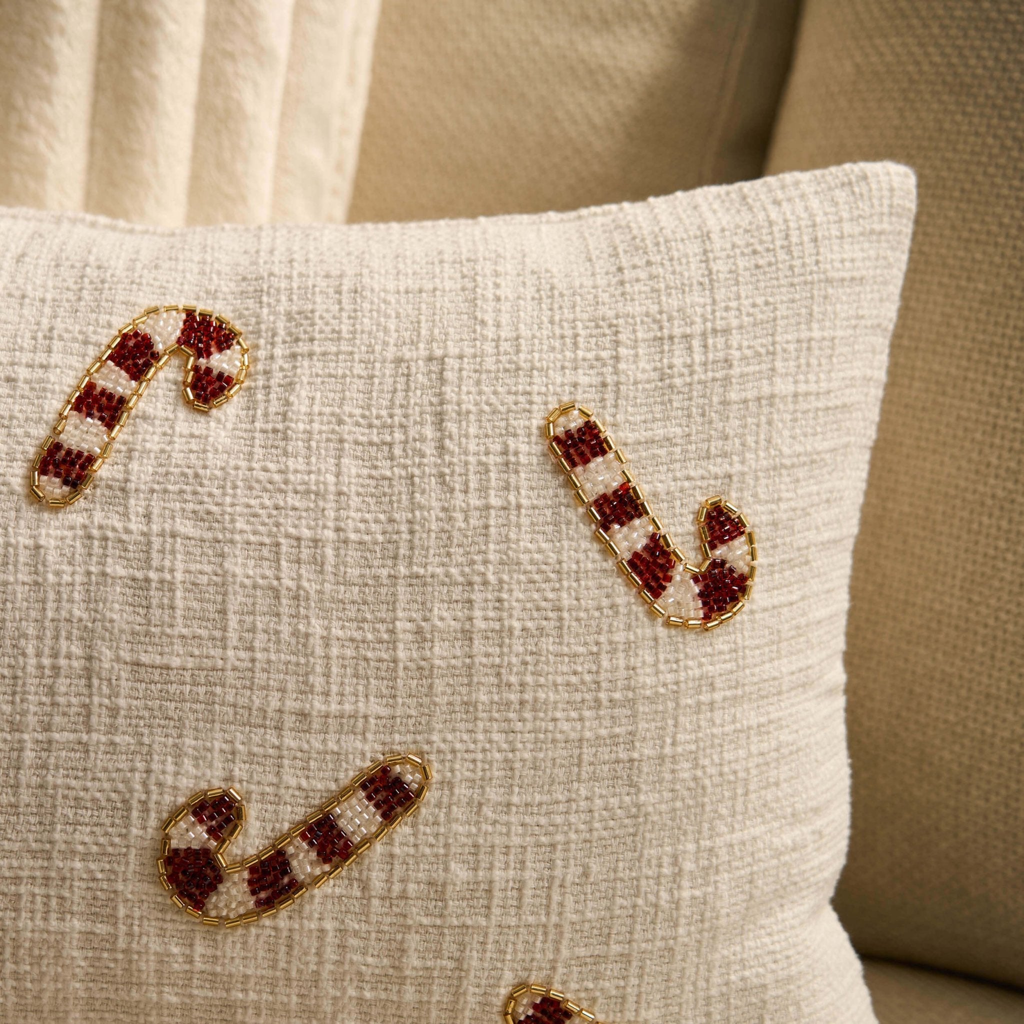 Housse de coussin de Noël en forme de canne à sucre perlée - Blanche