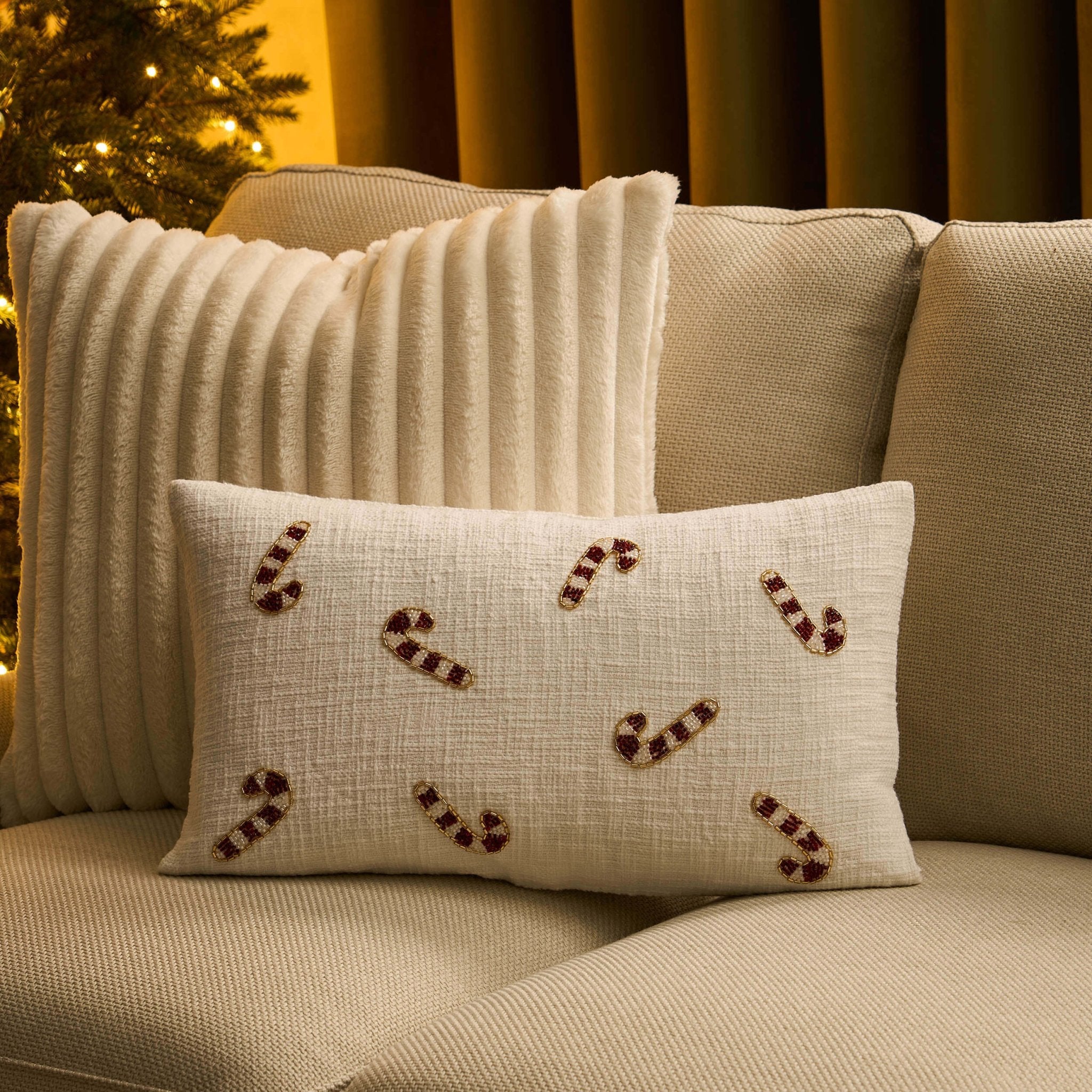 Housse de coussin de Noël en forme de canne à sucre perlée - Blanche