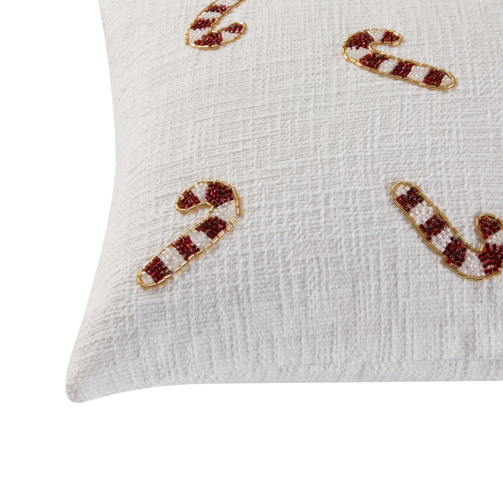 Housse de coussin de Noël en forme de canne à sucre perlée - Blanche