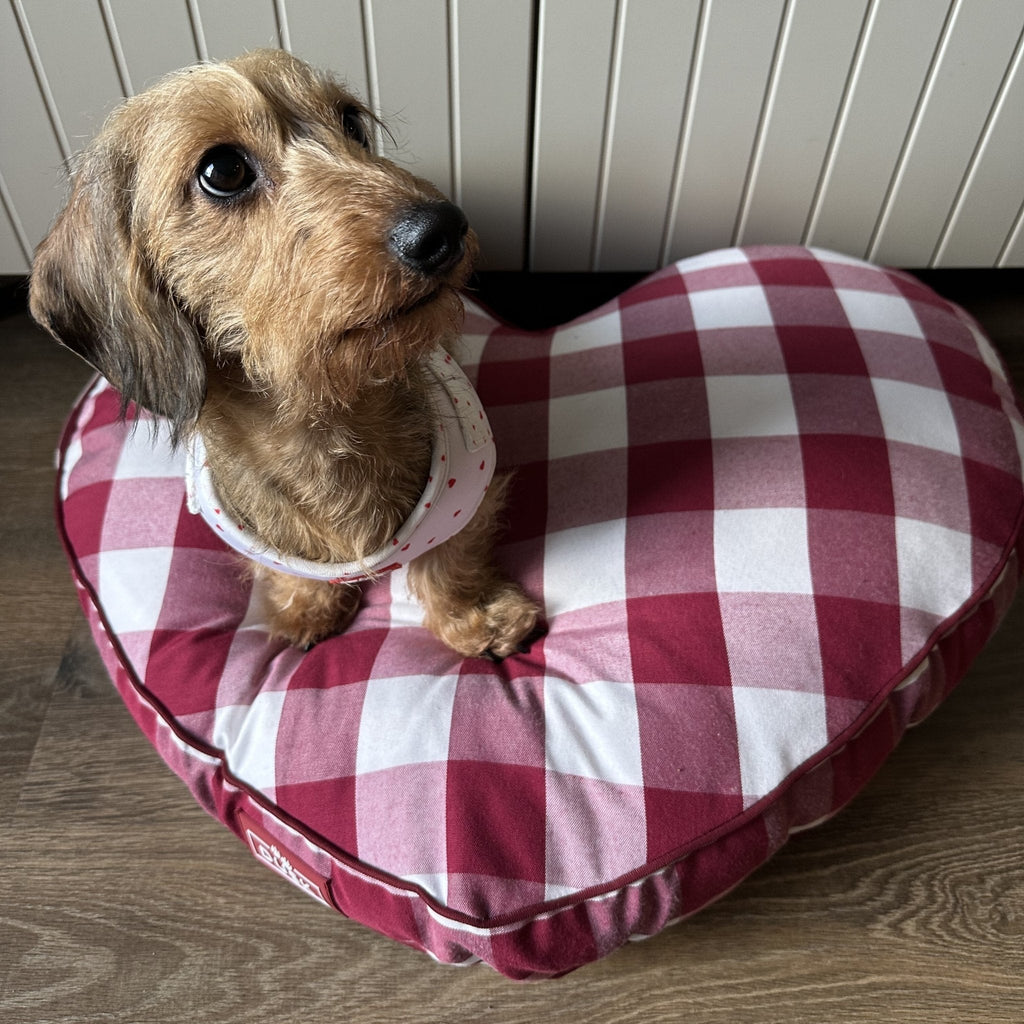 Dusklia - Beau Gingham Love Heart Dog Bed - White/Red