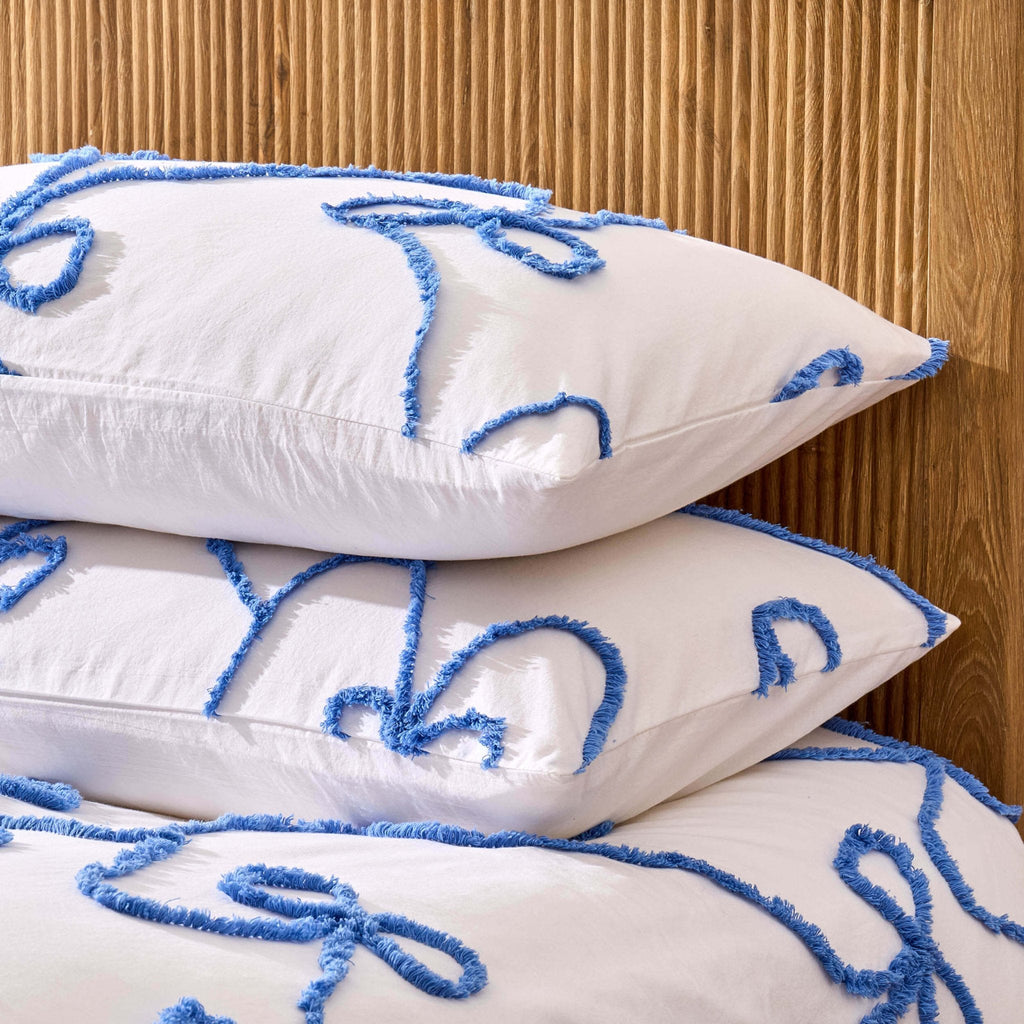 Dusklia - Bella 100% Cotton Tufted Bows Duvet Cover & Pillowcase Set - Light Cornflower