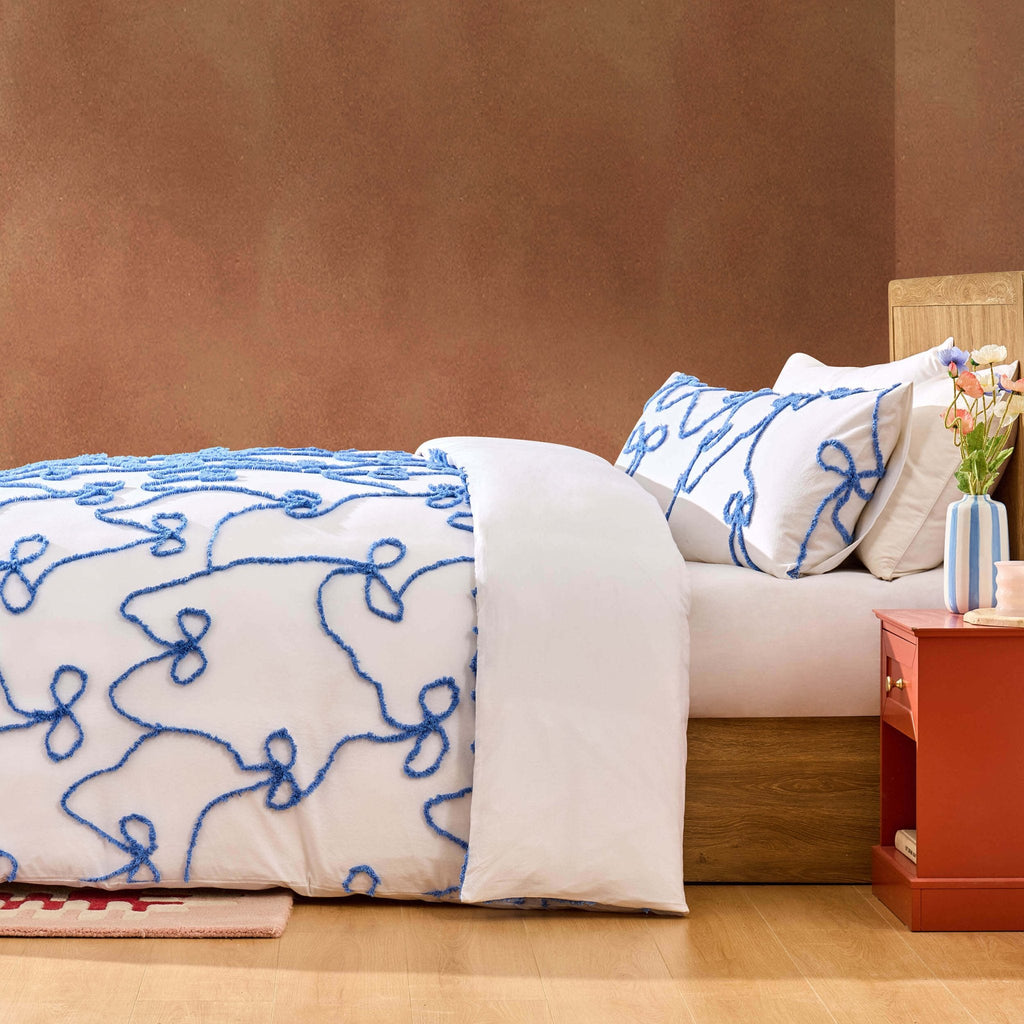 Dusklia - Bella 100% Cotton Tufted Bows Duvet Cover & Pillowcase Set - Light Cornflower