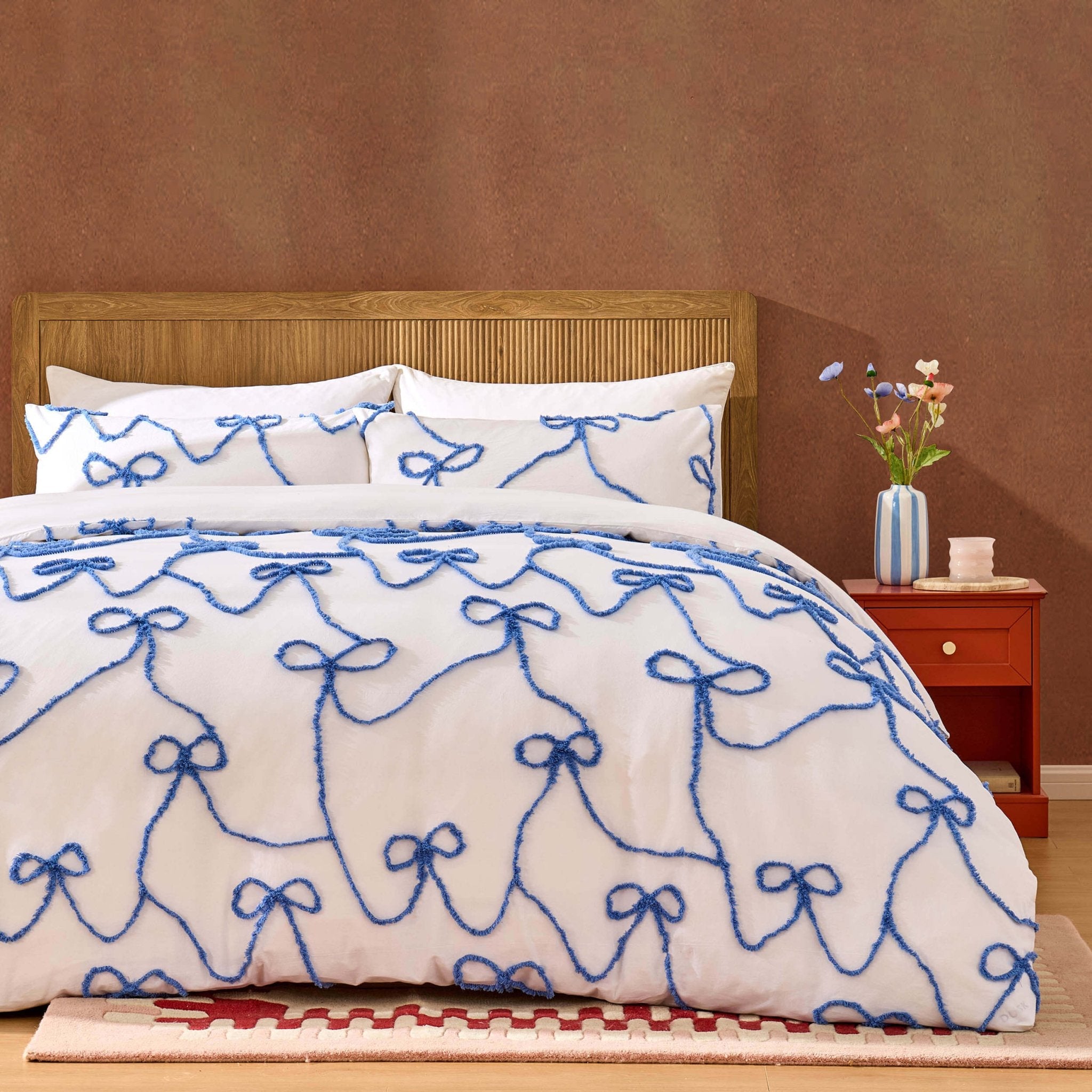 Dusklia - Bella 100% Cotton Tufted Bows Duvet Cover & Pillowcase Set - Light Cornflower
