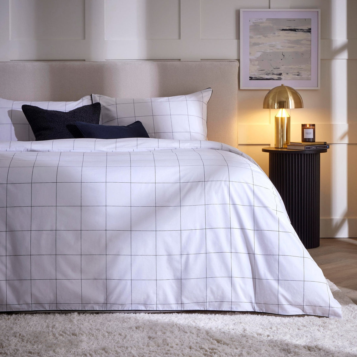 Dusklia - Bergen 200 Thread Count Duvet Cover & Pillowcase Set - Piped Check - White/Black
