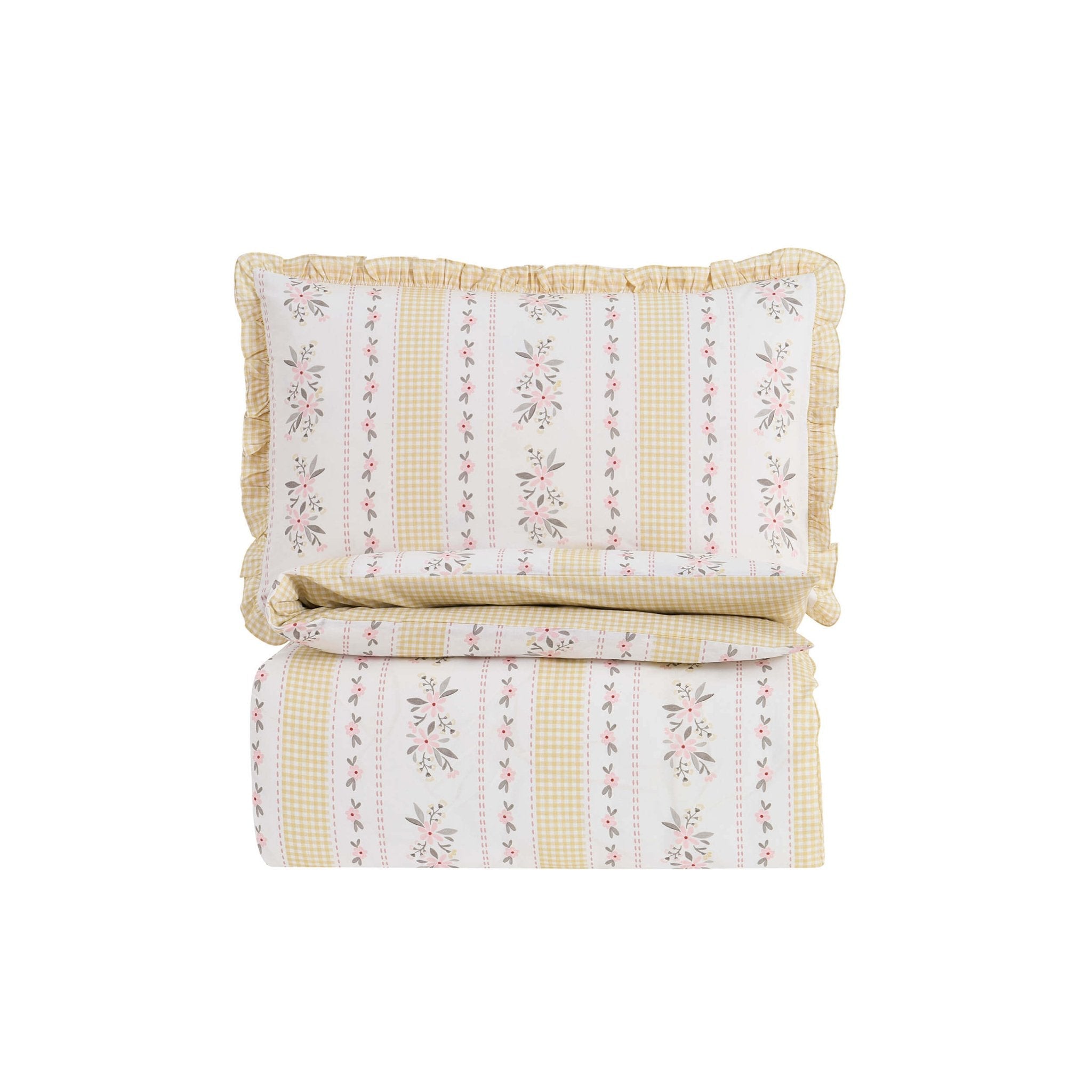 Dusklia - Bobbie 100% Cotton Floral Gingham Reversible Duvet Cover & Pillowcase set - Yellow