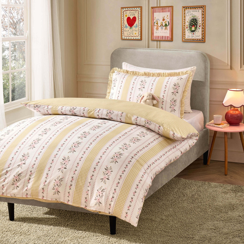 Dusklia - Bobbie 100% Cotton Floral Gingham Reversible Duvet Cover & Pillowcase set - Yellow