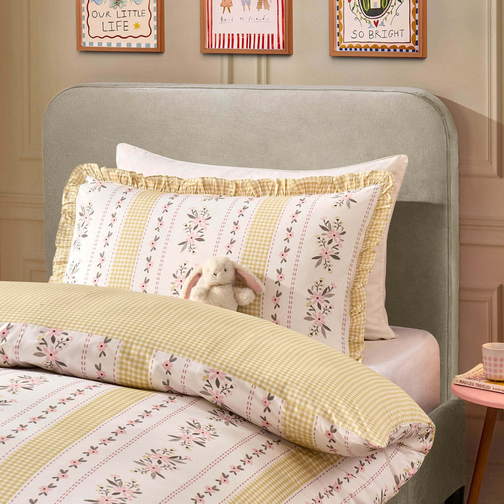 Dusklia - Bobbie 100% Cotton Floral Gingham Reversible Duvet Cover & Pillowcase set - Yellow