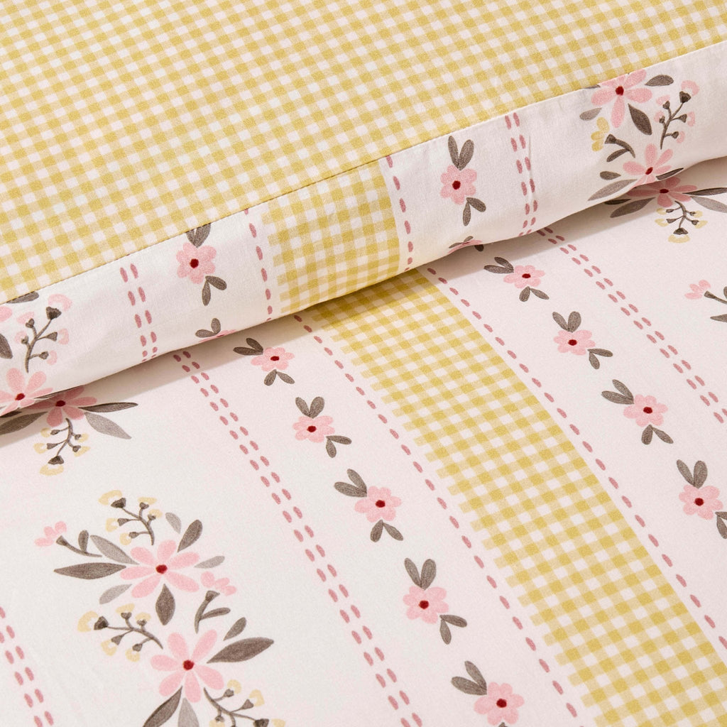 Dusklia - Bobbie 100% Cotton Floral Gingham Reversible Duvet Cover & Pillowcase set - Yellow