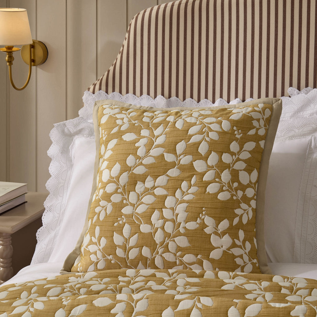 Dusklia - Bordeaux Contrast Floral Matelasse Cushion Cover - Mustard