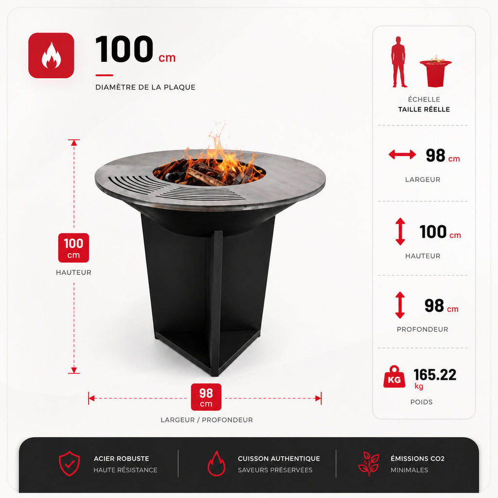 Brasero Barbecue REVO Bilbao – Acier 100 cm – Plaque circulaire – Rangement à bois intégré